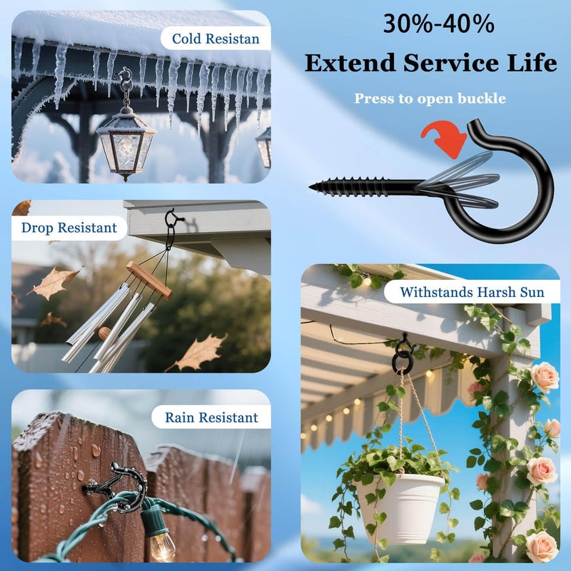 KULOLO 48 Pack Black Screw Hooks with Safety Buckle - 2.3 Inch Rustproof Eye Ceiling Hooks for Hanging Plants,Outdoor String Lights,Baskets,Christmas Lights & Decor,40lb Capacity (48, Black) - Image 3